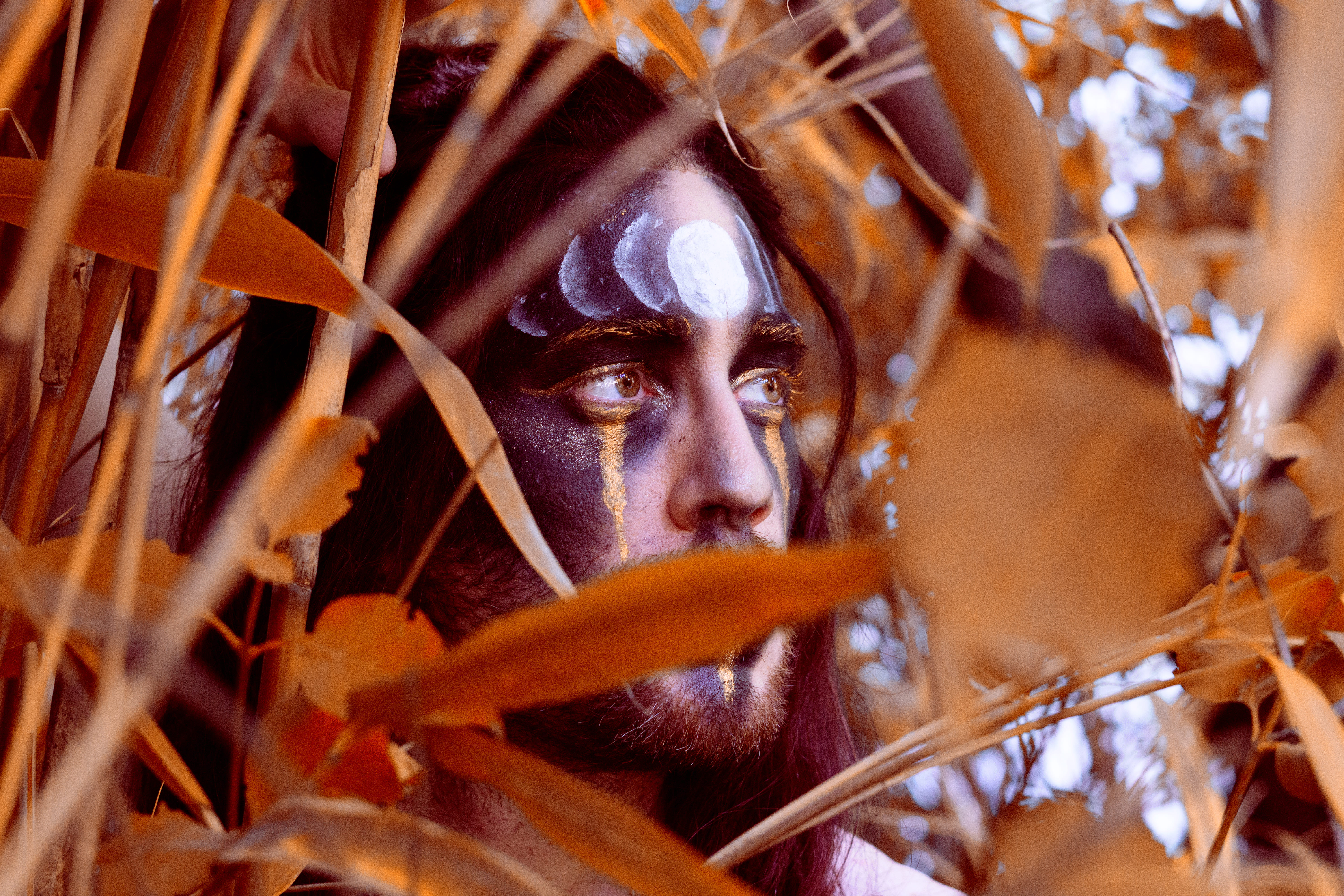 Portrait artistique maquillé au visage peint parmi les roseaux dorés — photographie par Maëlle Vétois
