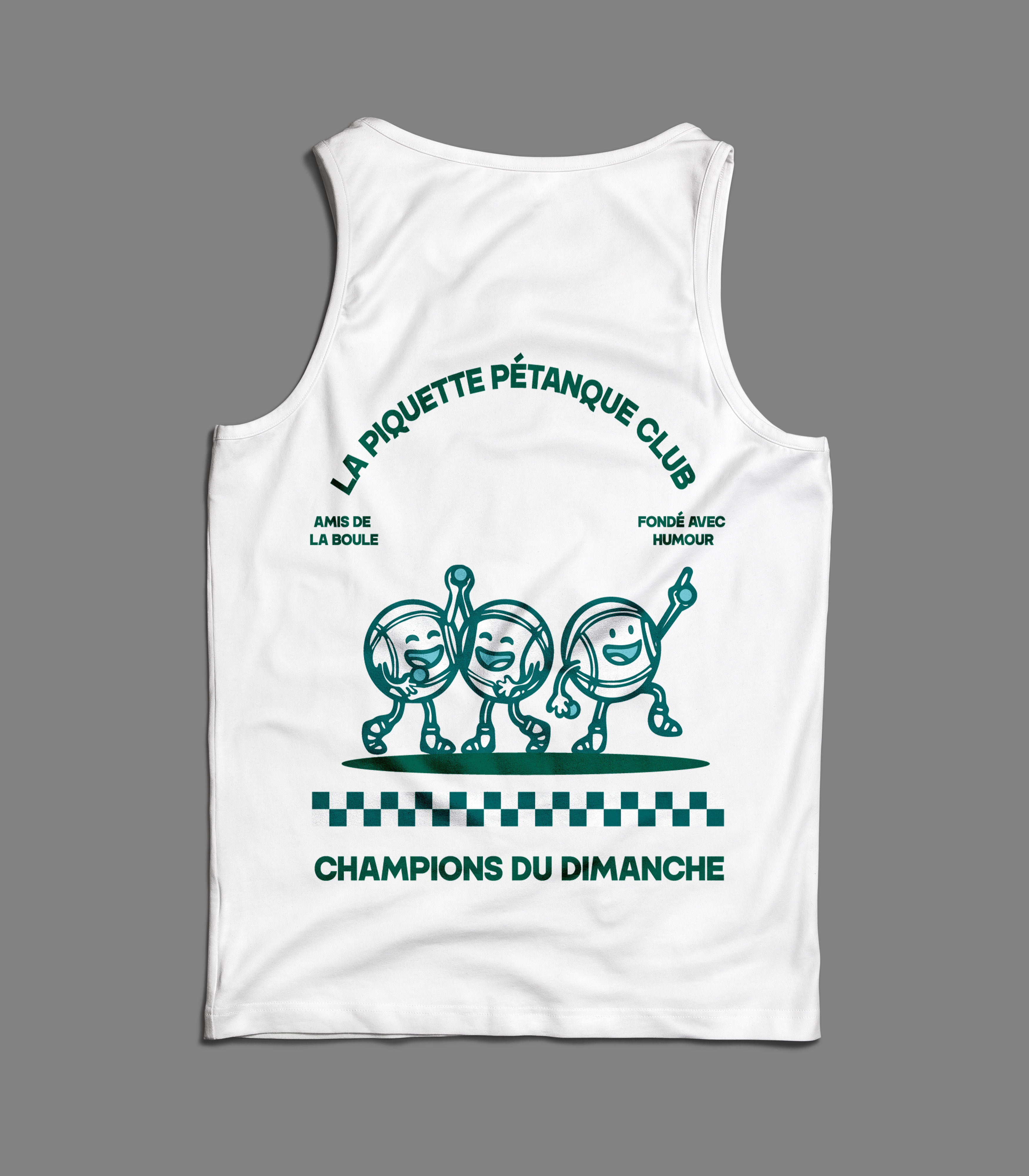 Dos du débardeur La Piquette Pétanque Club avec mascottes boules de pétanque et mention Champions du dimanche