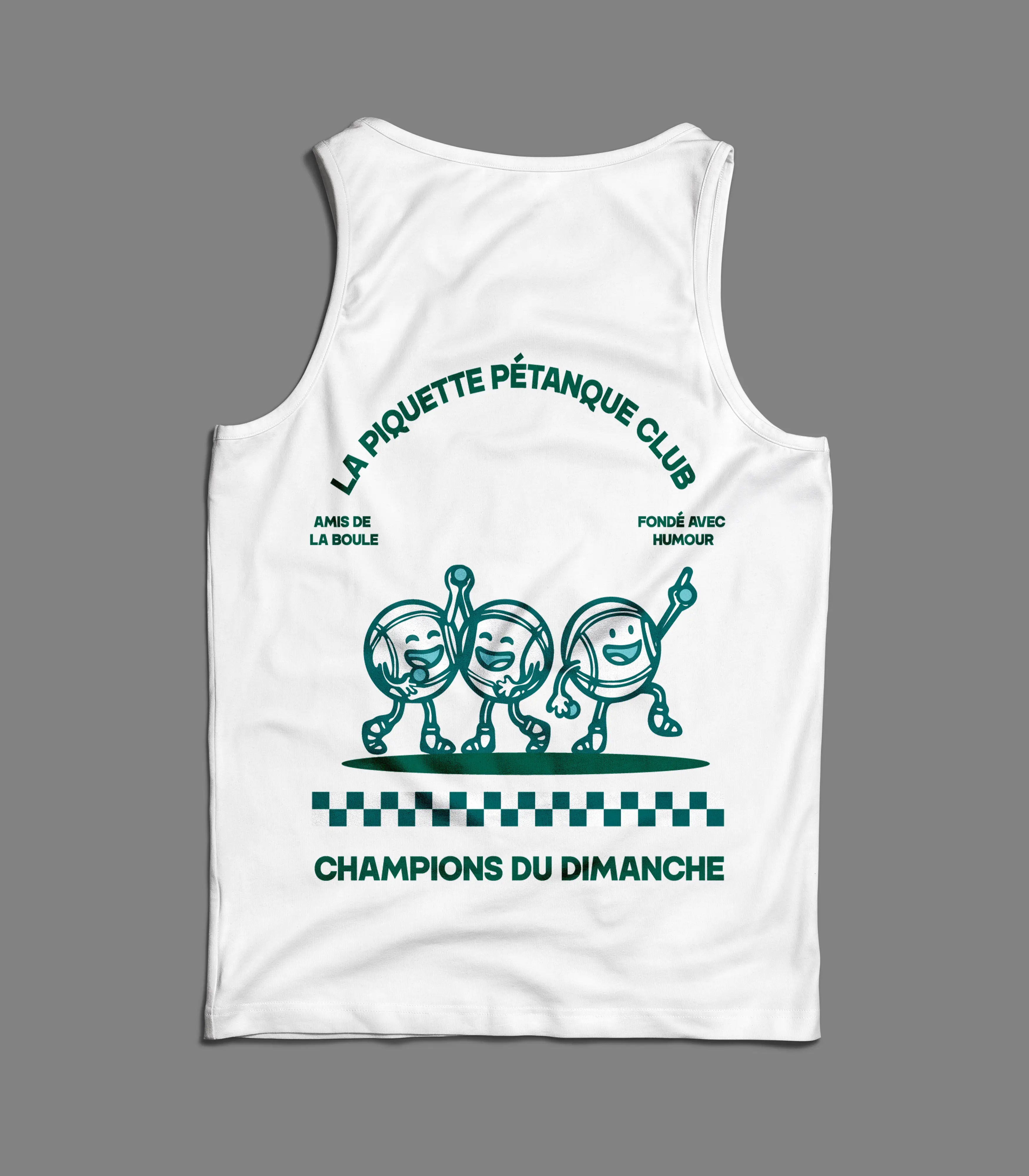 Dos du débardeur La Piquette Pétanque Club avec mascottes boules de pétanque et mention Champions du dimanche
