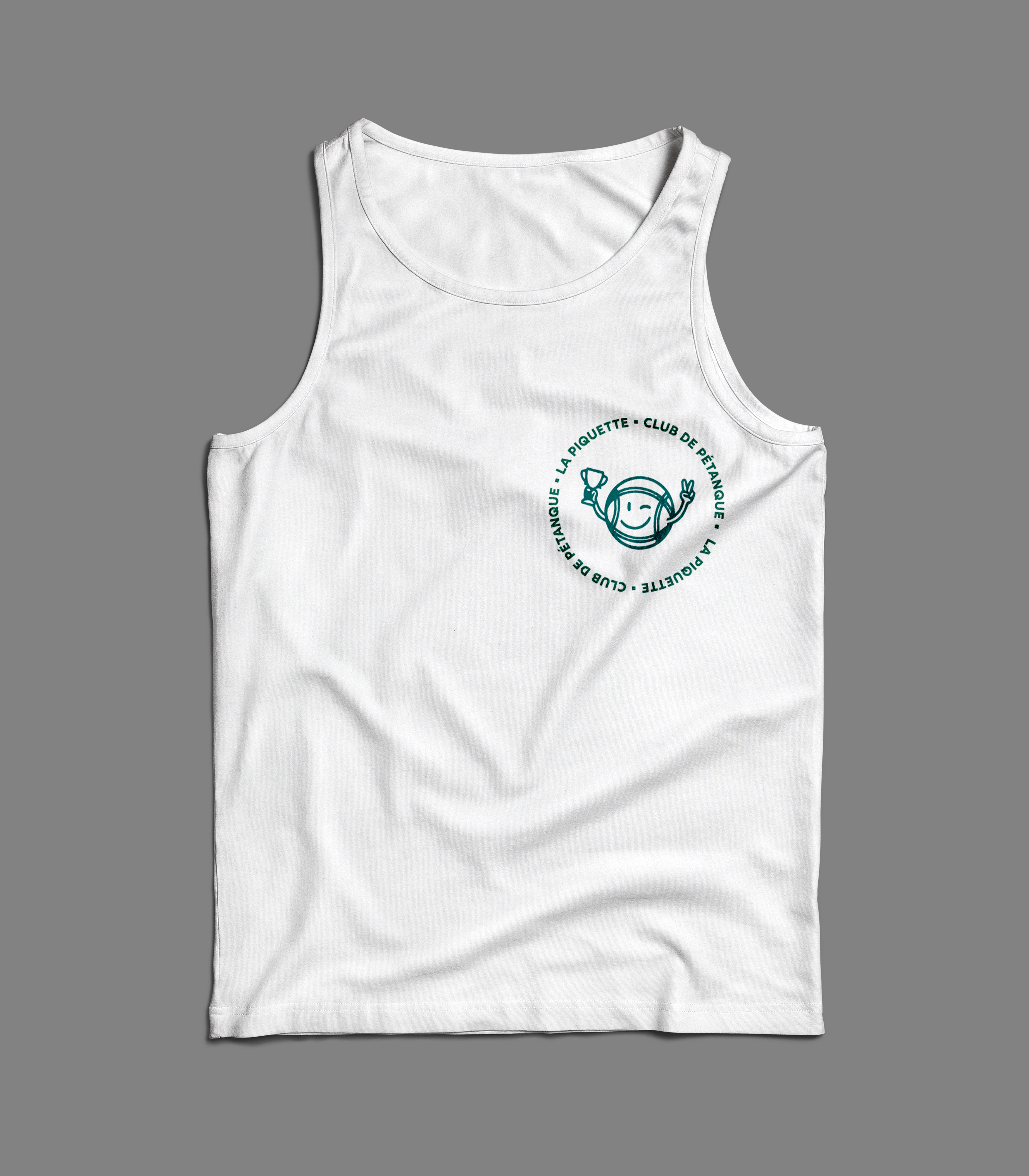 Débardeur blanc La Piquette Pétanque Club, badge brodé sur la poitrine