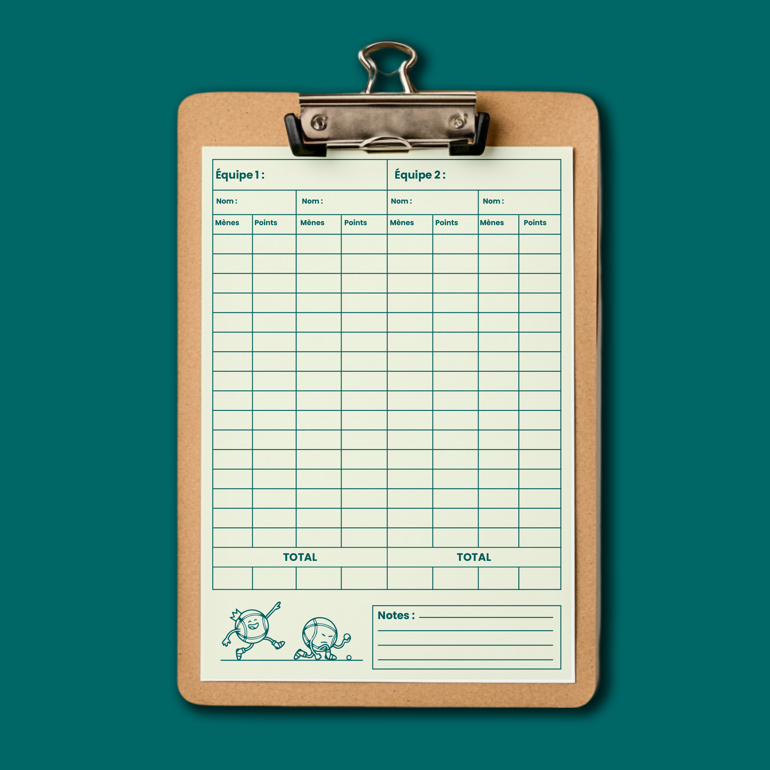 Feuille de score La Piquette Club de Pétanque, sur planche à pince