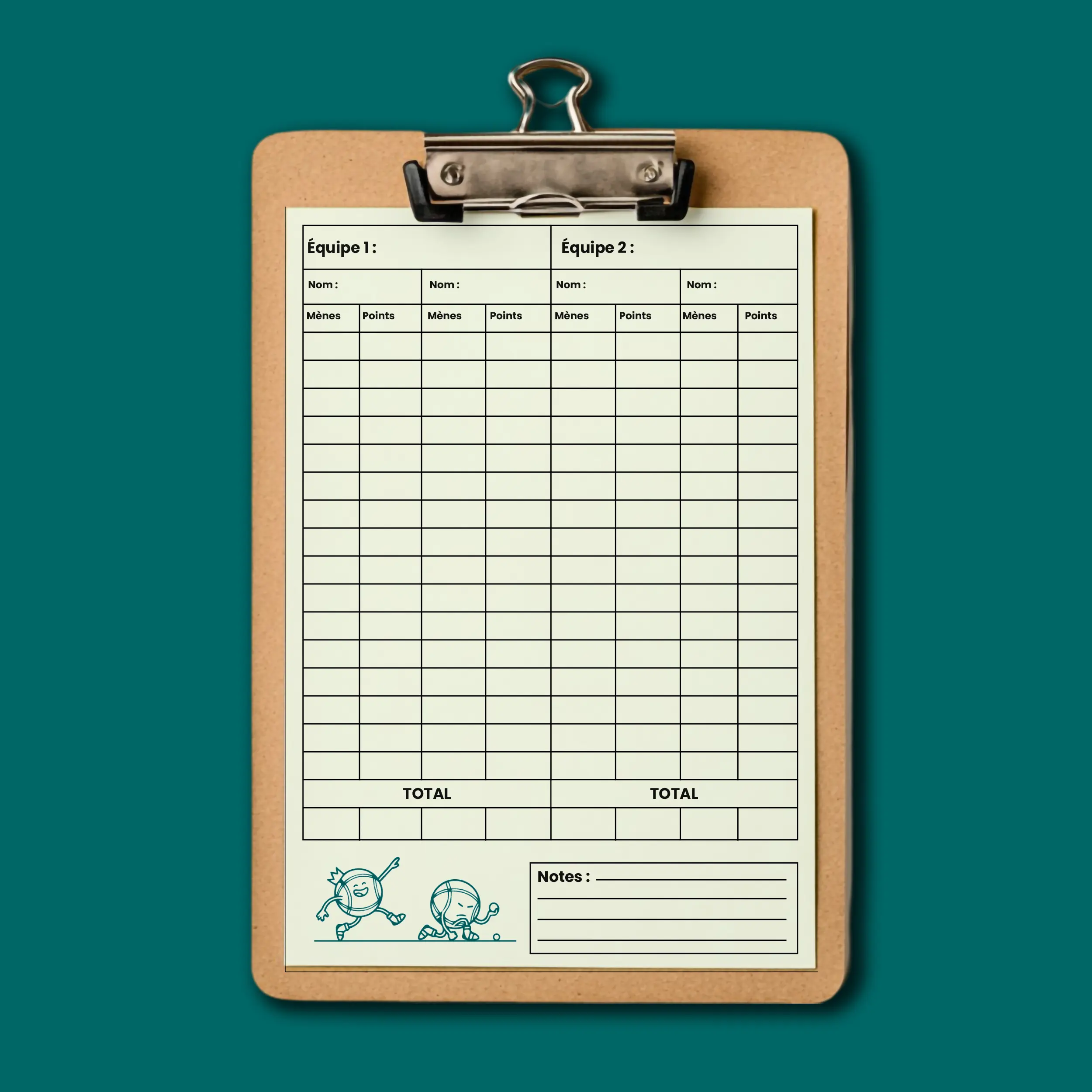 Feuille de score La Piquette Club de Pétanque, sur planche à pince