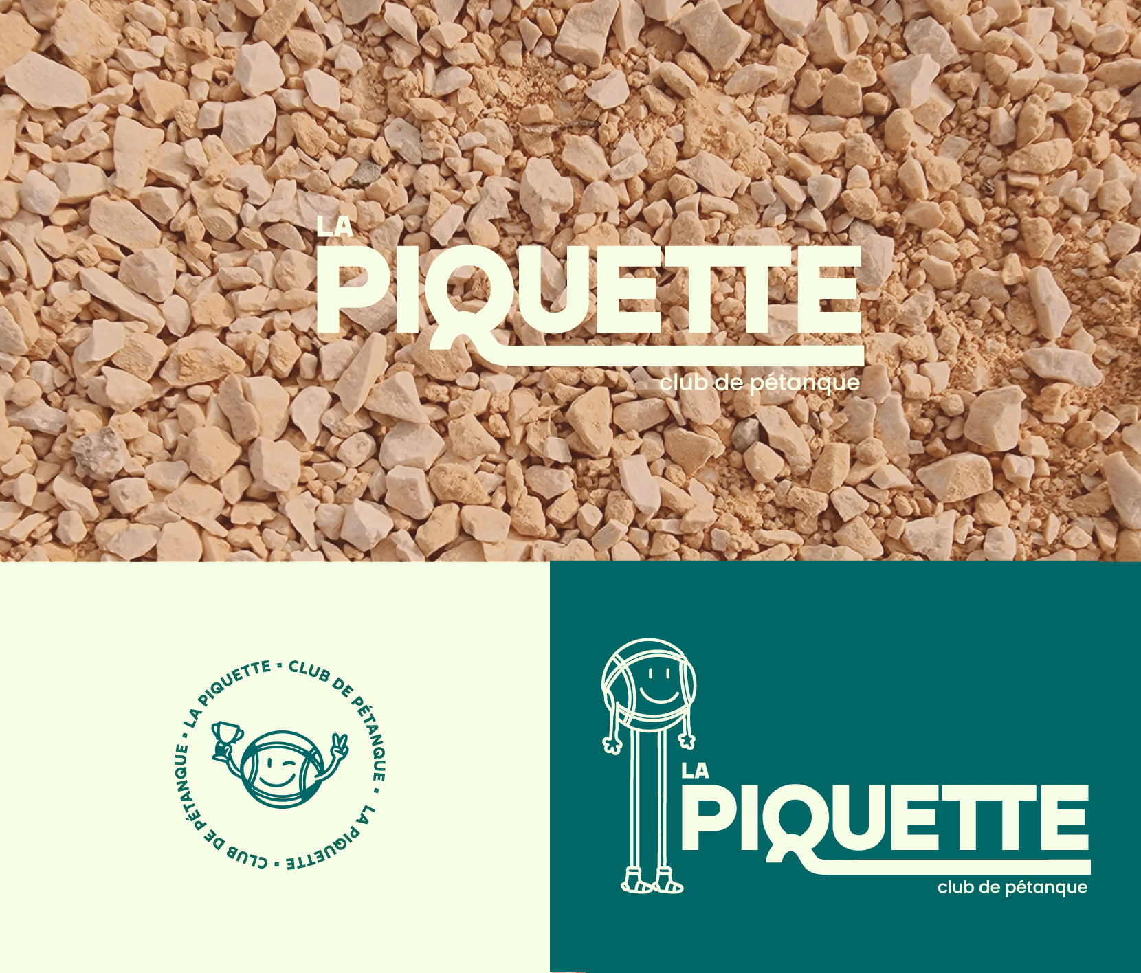 Logotype La Piquette Club de Pétanque et déclinaisons : badge circulaire, mascotte boule de pétanque